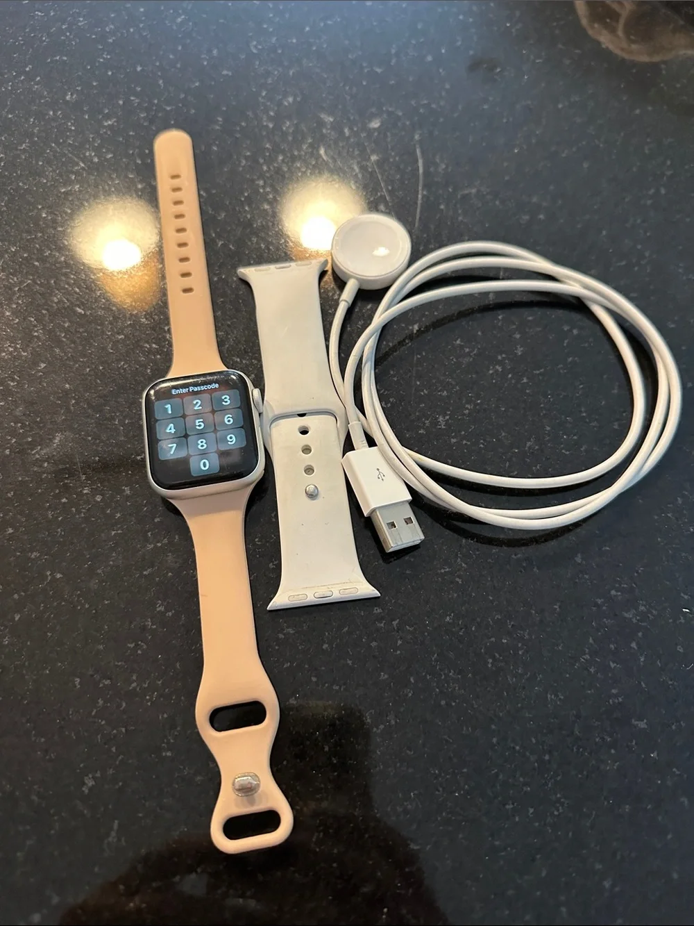 Apple Smartwatch with Blush Pink and Light Gray Silicone Bands